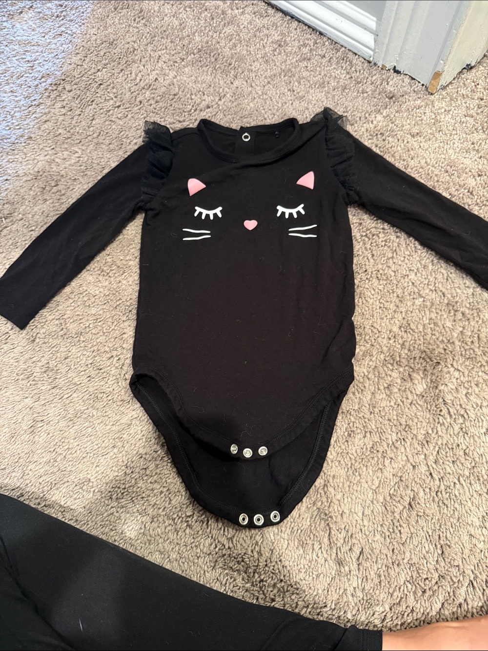 Little Sleepies Black Long-Sleeve Cat Face One-Piece with Pink Accents